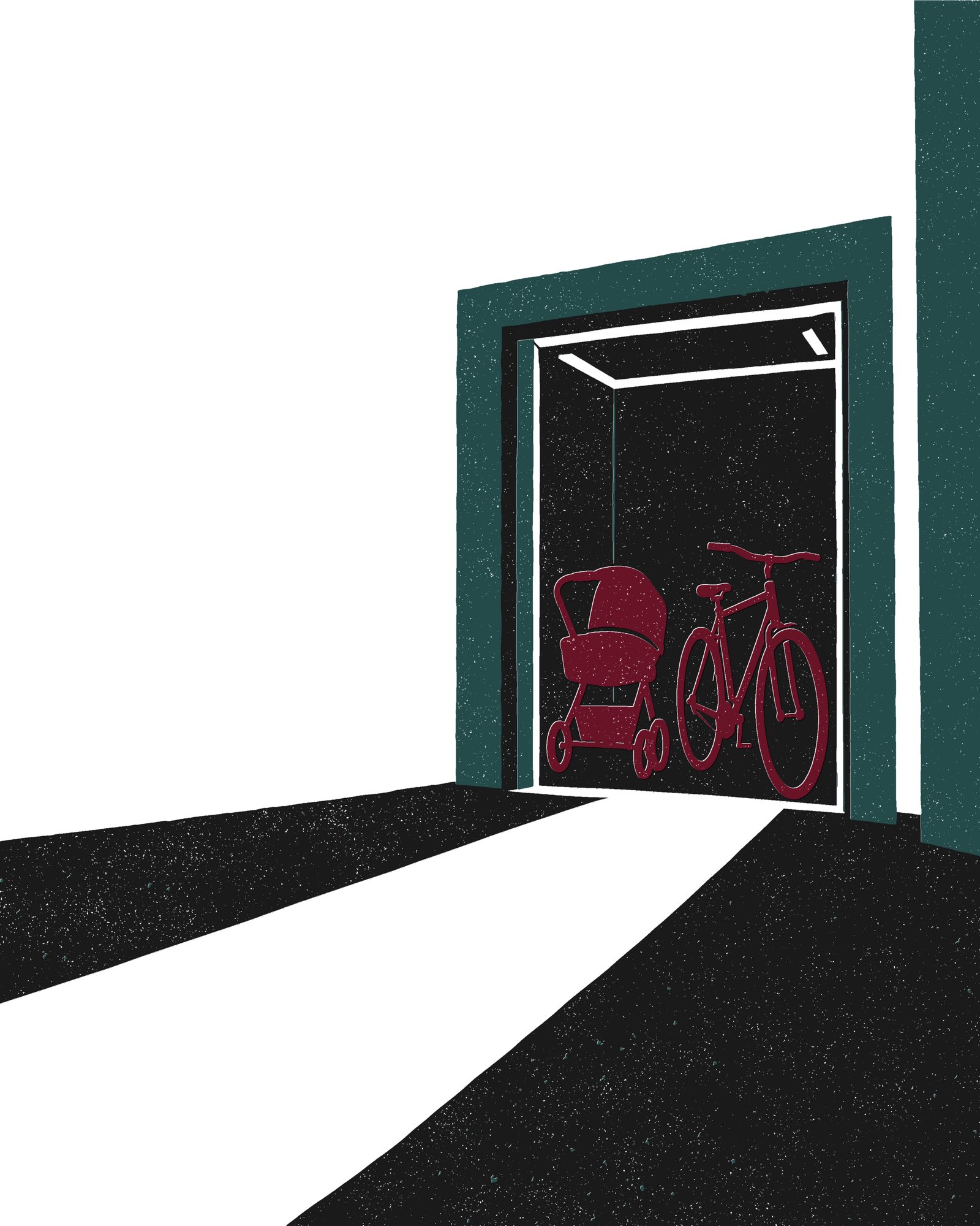Ilustracja: otwarta winda na parterze, w kabinie wózek dziecięcy i rower
