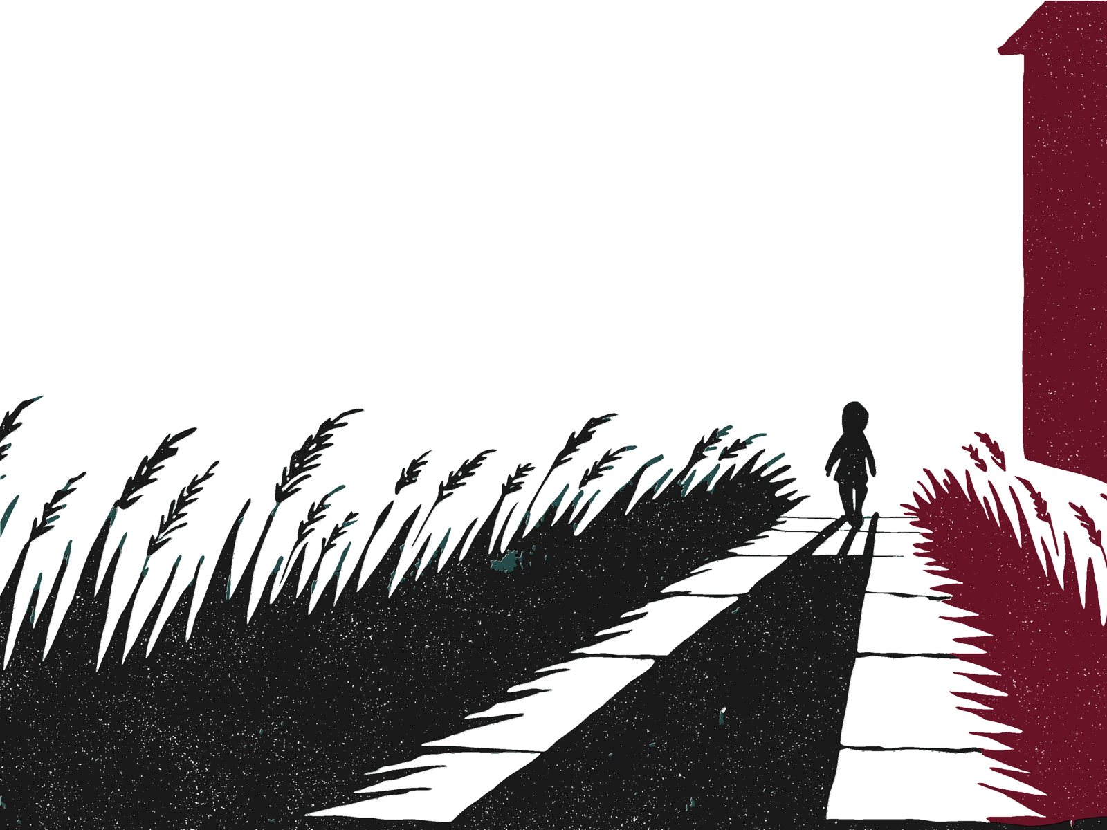 Ilustracja: dziecko idące ścieżką przez dziedziniec między trawami